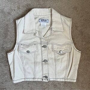 Vintage Cream Cotton Denim Vest Crop Top Silver Buttons Contrast Stitching sz M